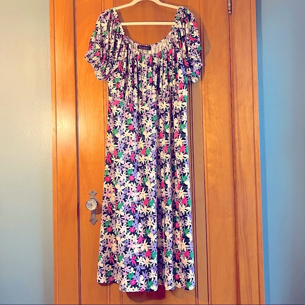 Eloquii Navy Empire Waist Dress with lavender, hot pink and white flowers SZ 18